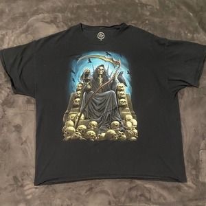 Grim Reaper on Throne Skulls Scythe Halloween Death Black Tee Shirt